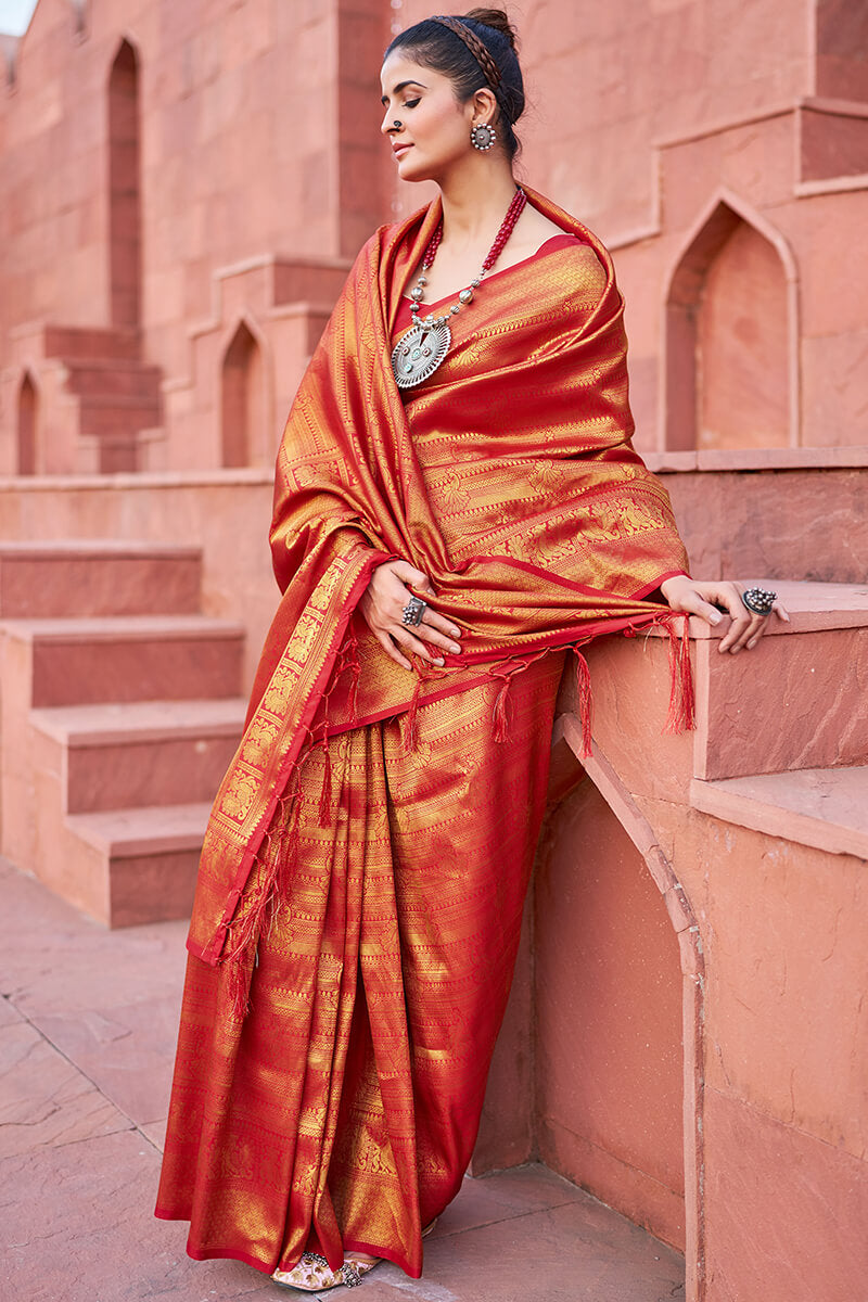 Unequalled Red Kanjivaram Silk Saree With Zephyr Blouse Piece