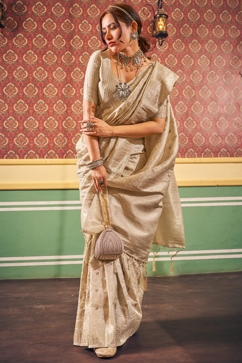 Resplendent Beige Soft Banarasi Silk Saree With Enchanting Blouse Piece