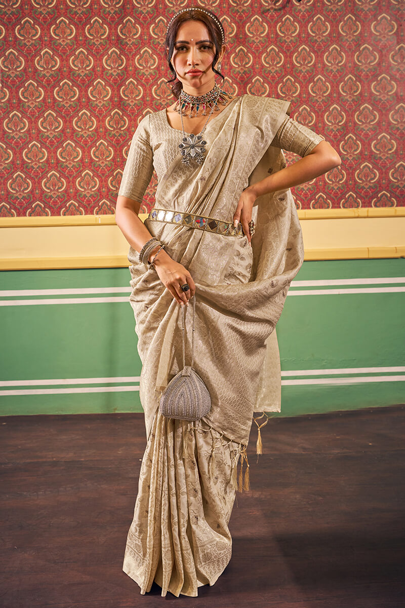 Resplendent Beige Soft Banarasi Silk Saree With Enchanting Blouse Piece