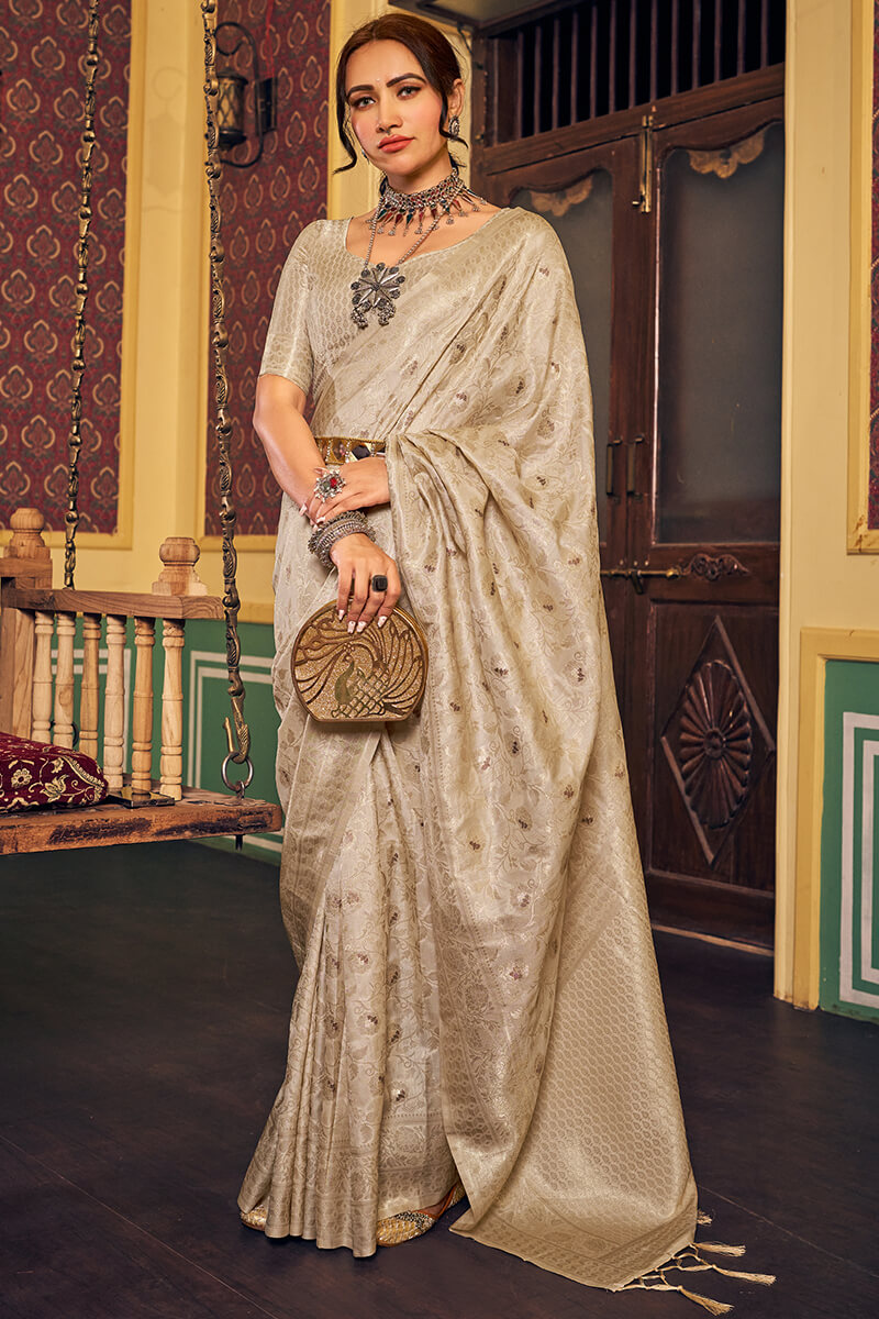 Resplendent Beige Soft Banarasi Silk Saree With Enchanting Blouse Piece