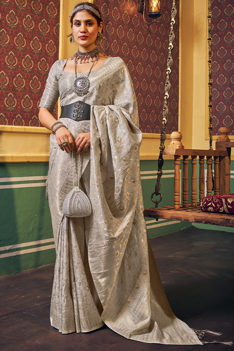 Devastating Grey Soft Banarasi Silk Saree With Efflorescence Blouse Piece