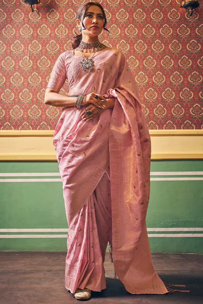 Panoply Light Pink Soft Banarasi Silk Saree With Excellent Blouse Piece