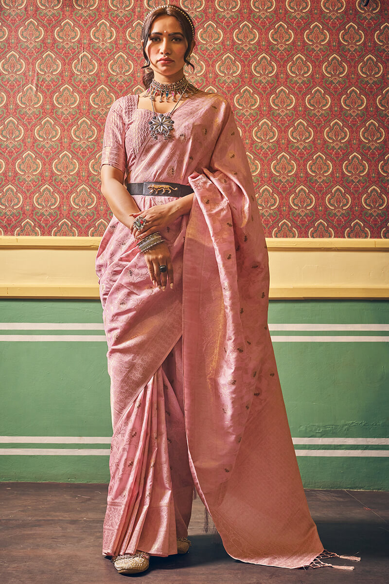 Panoply Light Pink Soft Banarasi Silk Saree With Excellent Blouse Piece