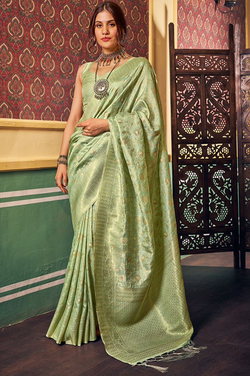 Trendy Pista Soft Banarasi Silk Saree With Excellent Blouse Piece