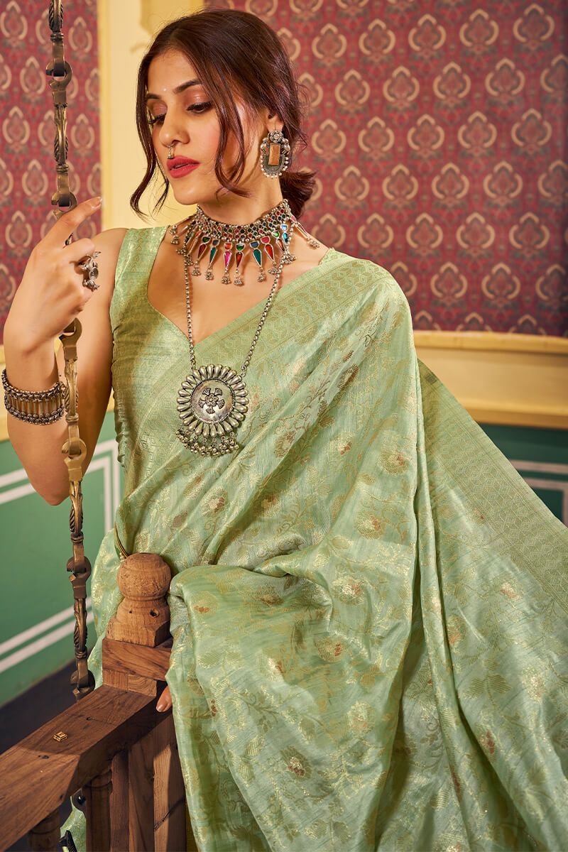 Trendy Pista Soft Banarasi Silk Saree With Excellent Blouse Piece