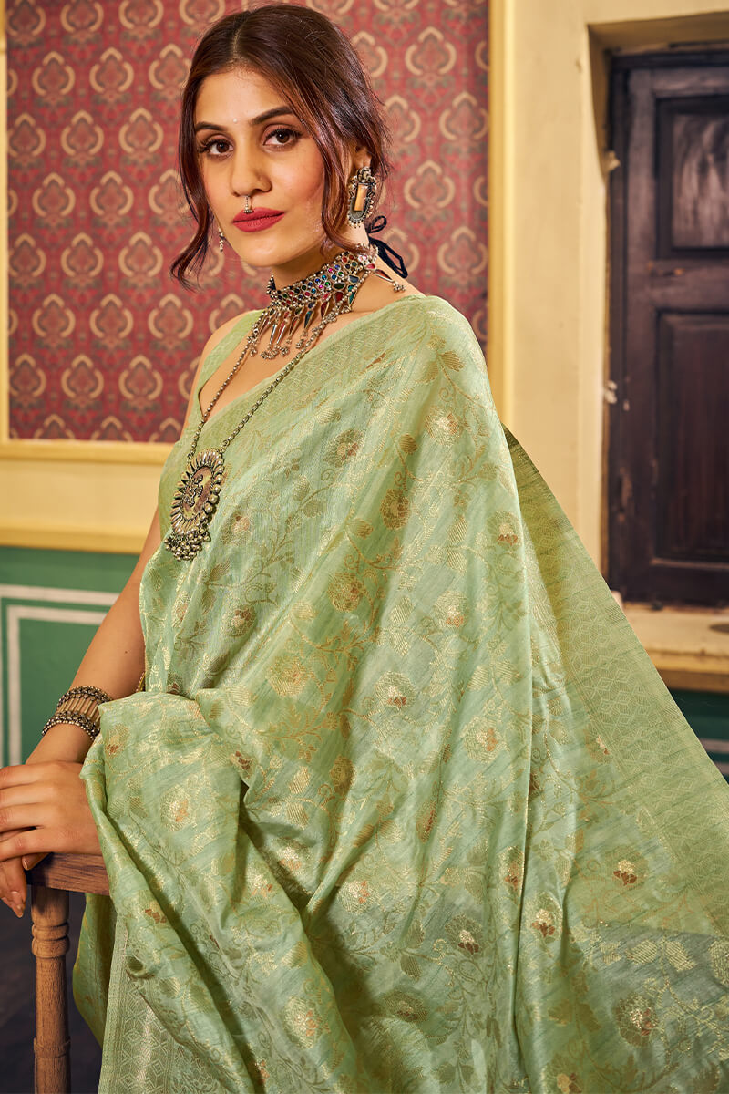 Trendy Pista Soft Banarasi Silk Saree With Excellent Blouse Piece