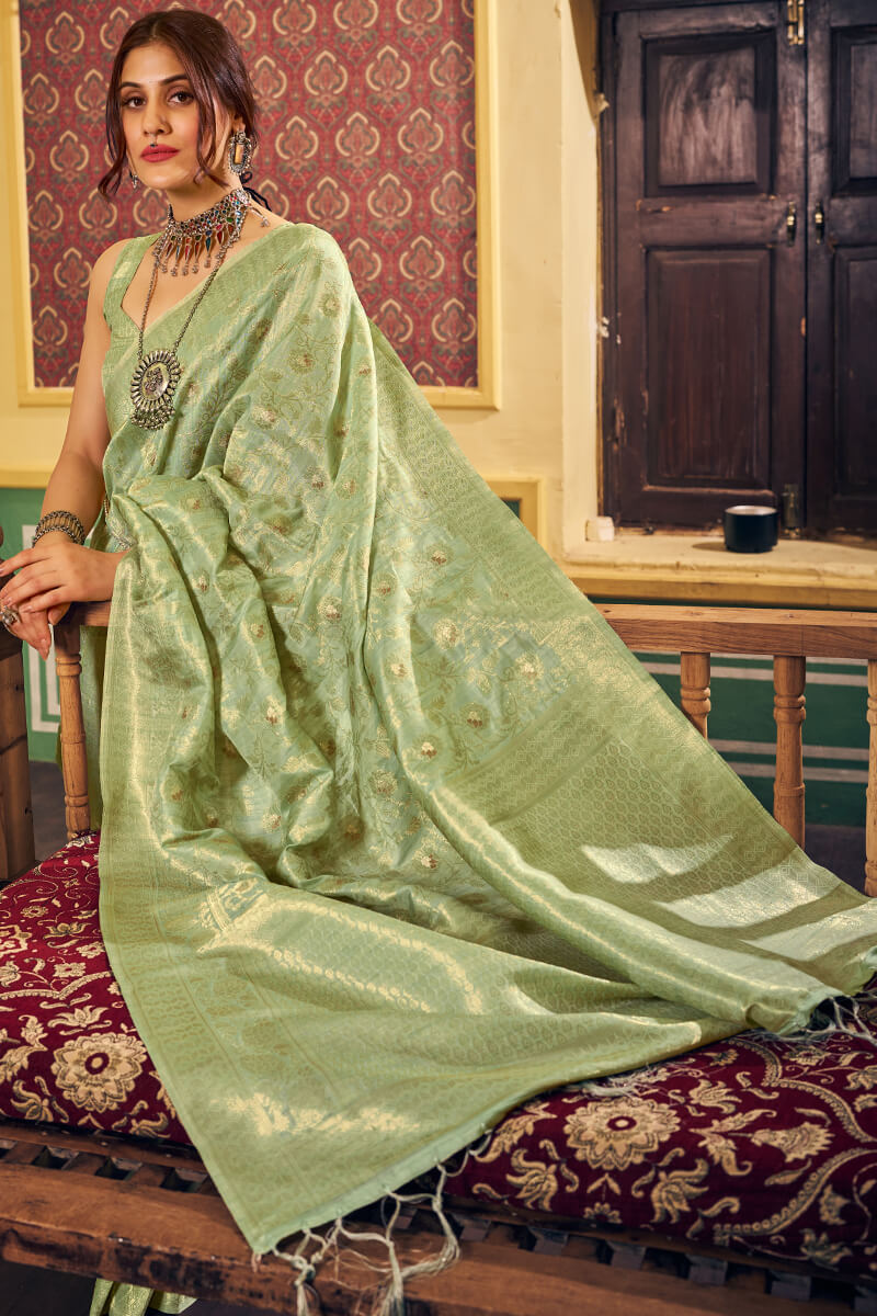 Trendy Pista Soft Banarasi Silk Saree With Excellent Blouse Piece