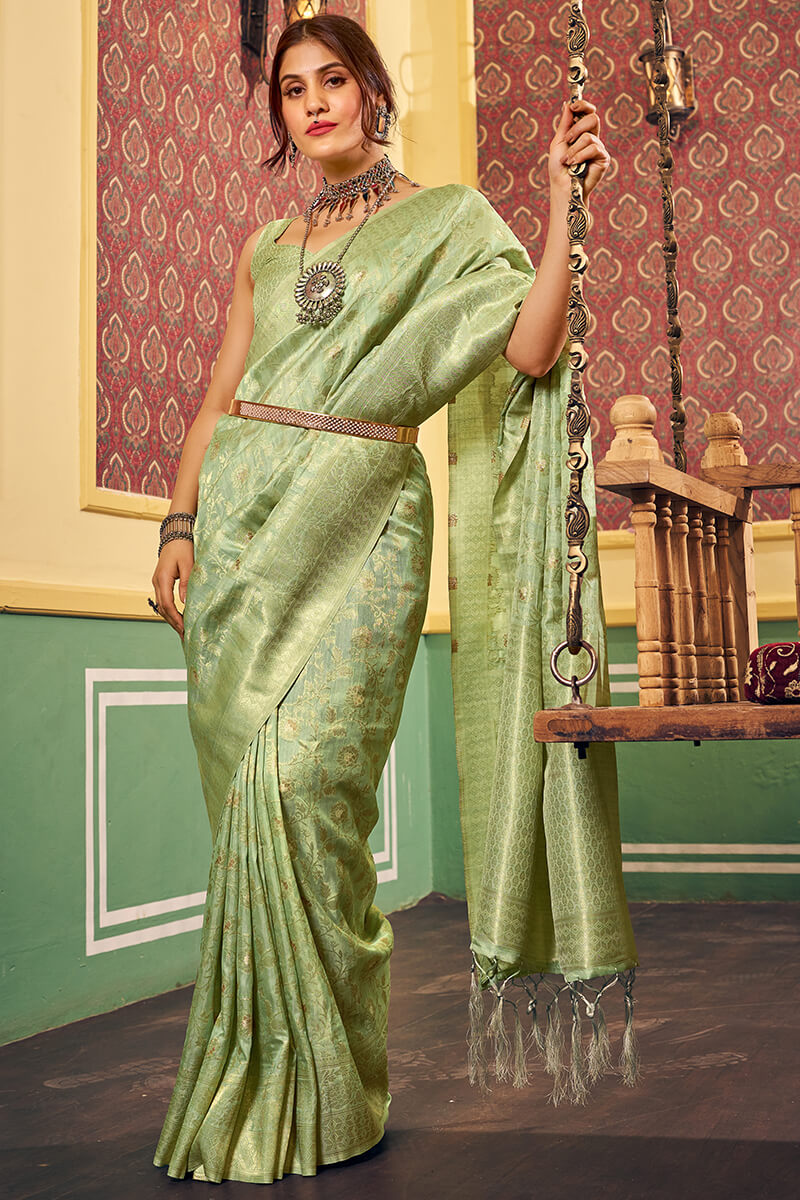 Trendy Pista Soft Banarasi Silk Saree With Excellent Blouse Piece