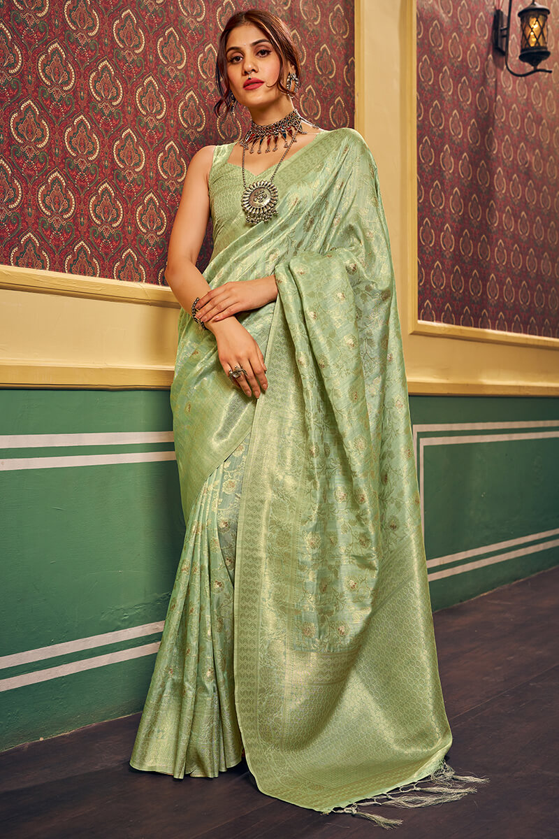 Trendy Pista Soft Banarasi Silk Saree With Excellent Blouse Piece