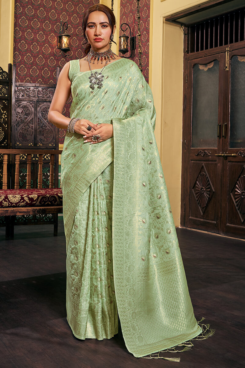 Fugacious Sea Green Soft Banarasi Silk Saree With Unequalled Blouse Piece