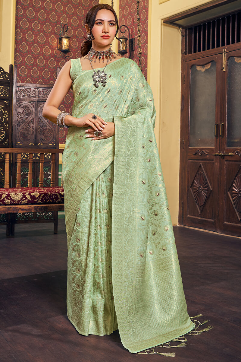 Fugacious Sea Green Soft Banarasi Silk Saree With Unequalled Blouse Piece