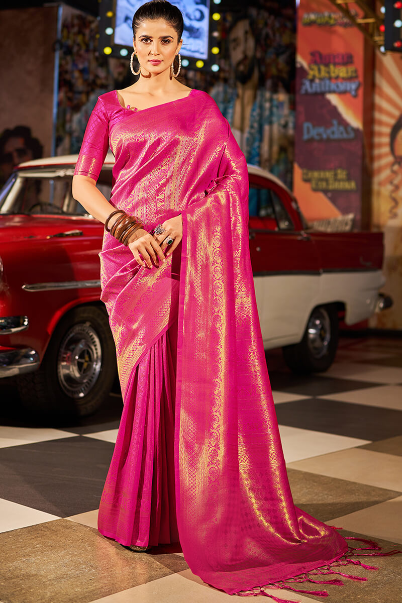 Fairytale Dark Pink Kanjivaram Silk Saree With Assemblage Blouse Piece