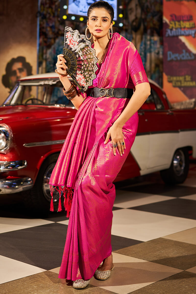 Fairytale Dark Pink Kanjivaram Silk Saree With Assemblage Blouse Piece