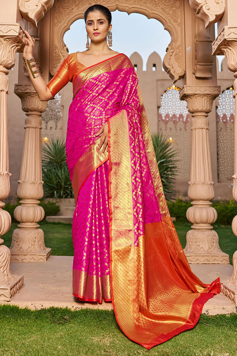 Lassitude Dark Pink Patola Silk Saree with Angelic Blouse Piece