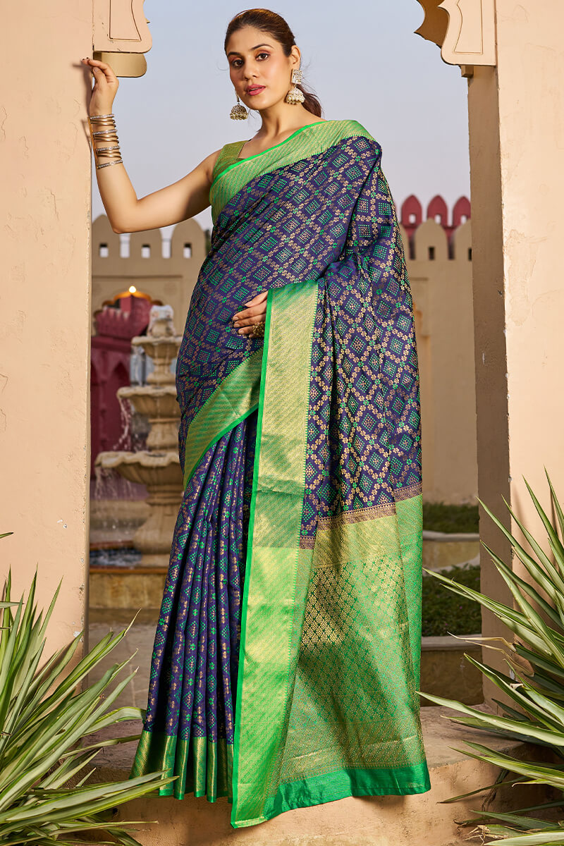 Marvellous Navy Blue Patola Silk Saree with An insanely Blouse Piece