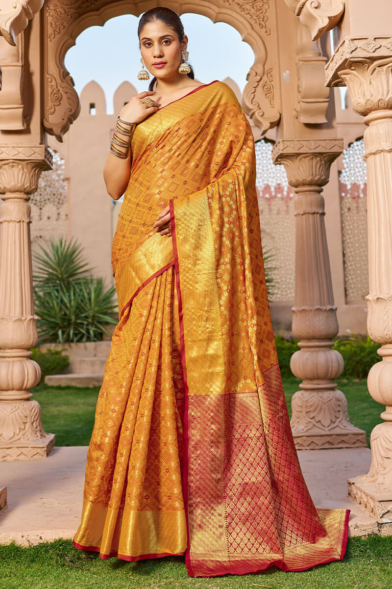 Diaphanous Orange Patola Silk Saree with Woebegone Blouse Piece