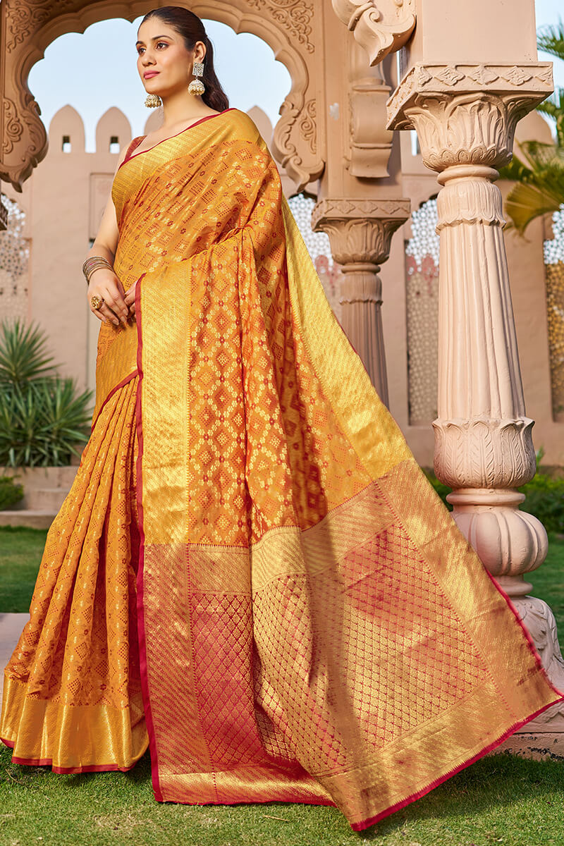 Diaphanous Orange Patola Silk Saree with Woebegone Blouse Piece