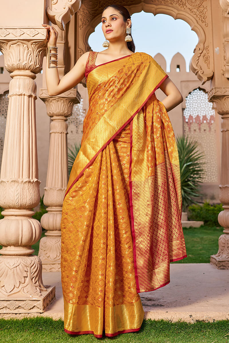 Diaphanous Orange Patola Silk Saree with Woebegone Blouse Piece