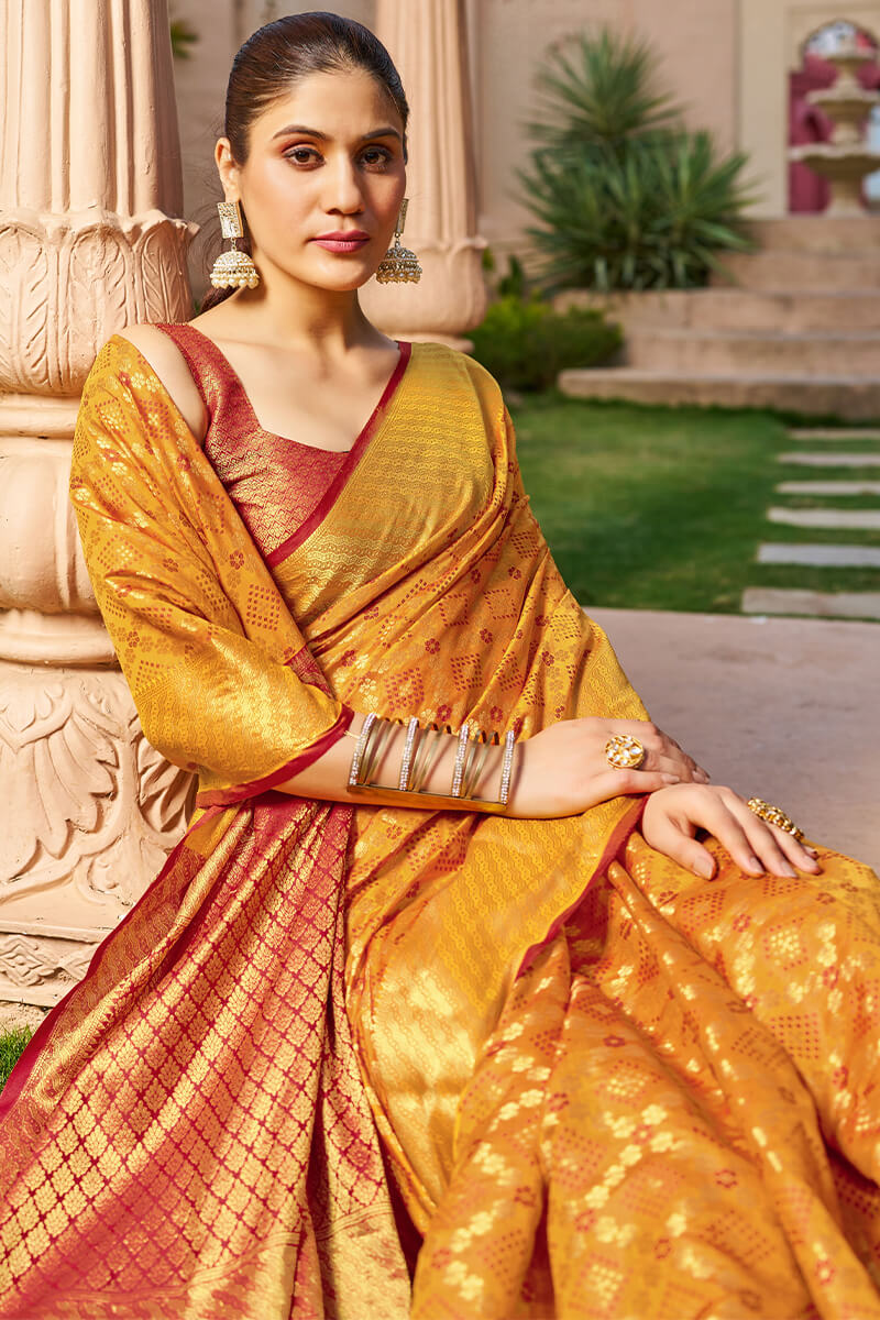 Diaphanous Orange Patola Silk Saree with Woebegone Blouse Piece