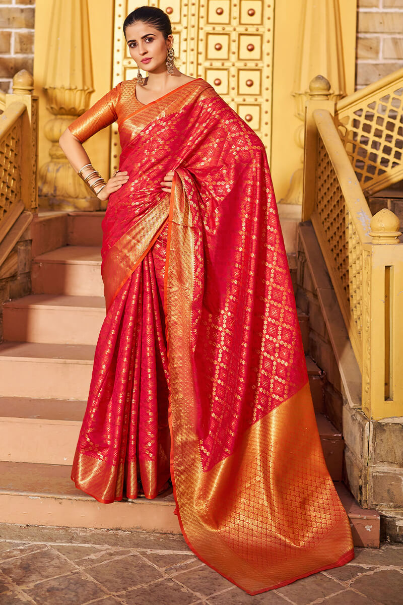 Prodiga Red Patola Silk Saree with Ornate Blouse Piece