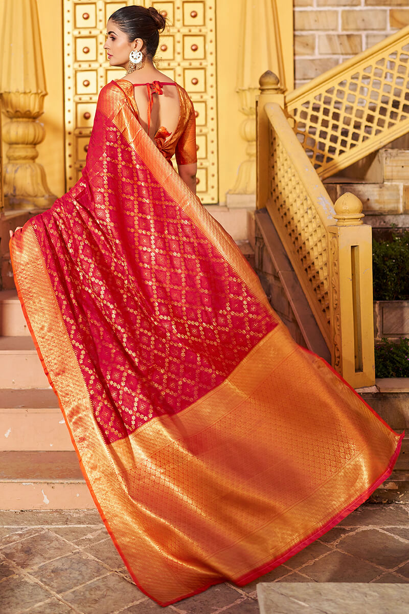 Prodiga Red Patola Silk Saree with Ornate Blouse Piece