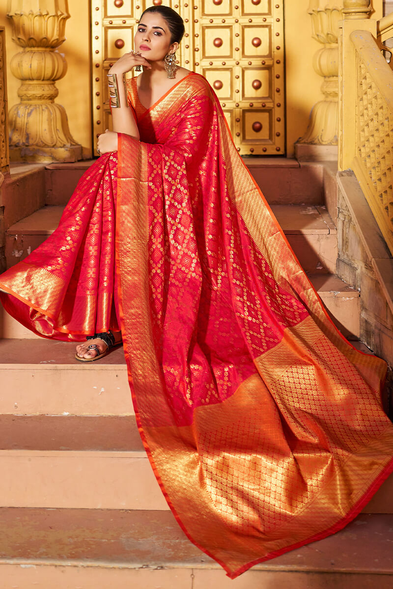 Prodiga Red Patola Silk Saree with Ornate Blouse Piece