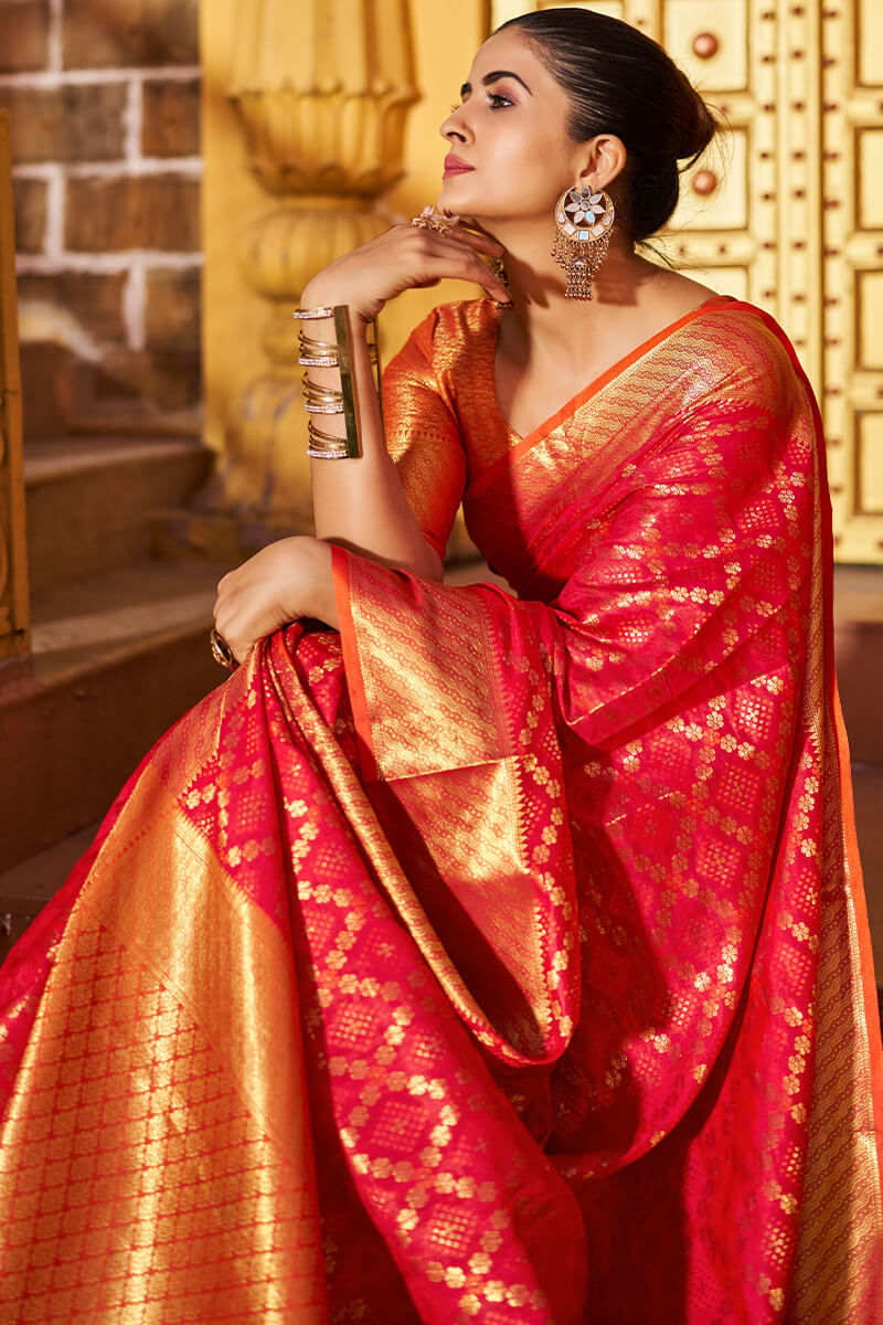 Prodiga Red Patola Silk Saree with Ornate Blouse Piece