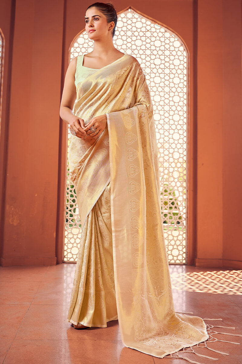 Impressive Beige Kanjivaram Silk Saree With Gleaming Blouse Piece