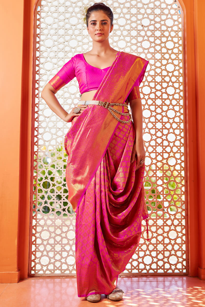 Demanding Dark Pink Kanjivaram Silk Saree With Preferable Blouse Piece