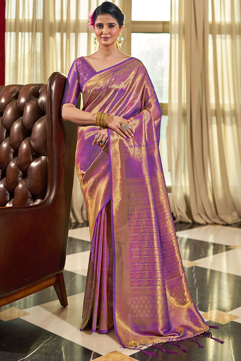 Twirling Purple Kanjivaram Silk Saree With Demure Blouse Piece