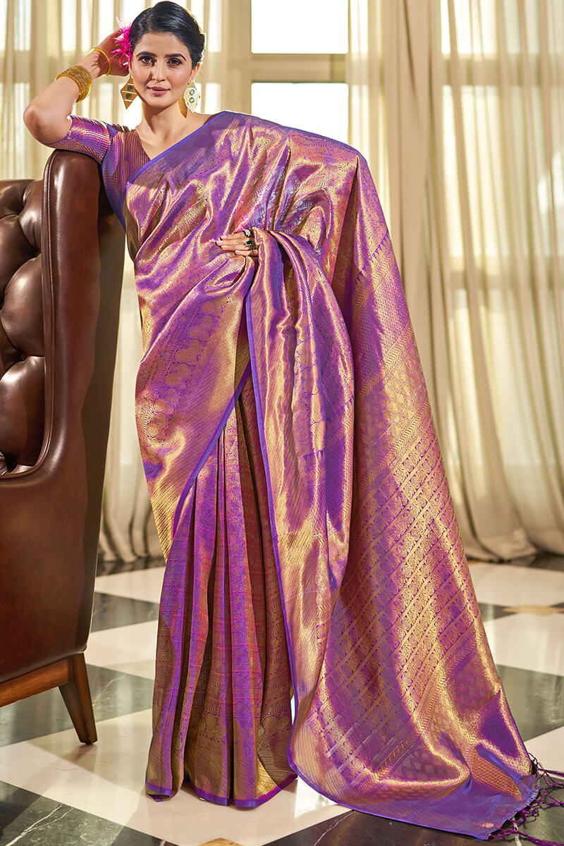 Twirling Purple Kanjivaram Silk Saree With Demure Blouse Piece