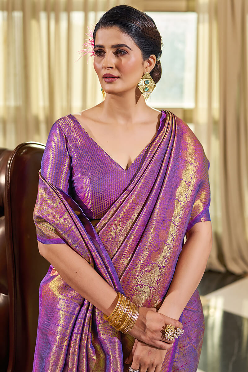 Twirling Purple Kanjivaram Silk Saree With Demure Blouse Piece