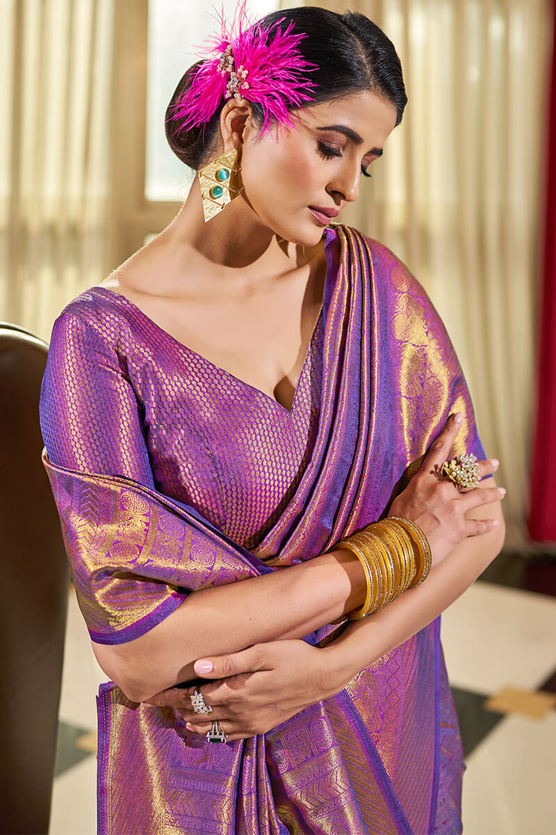 Twirling Purple Kanjivaram Silk Saree With Demure Blouse Piece