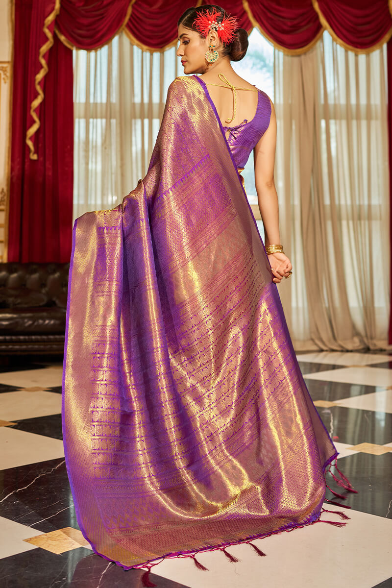 Twirling Purple Kanjivaram Silk Saree With Demure Blouse Piece