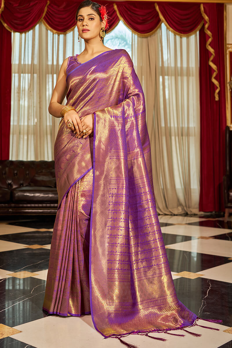 Twirling Purple Kanjivaram Silk Saree With Demure Blouse Piece