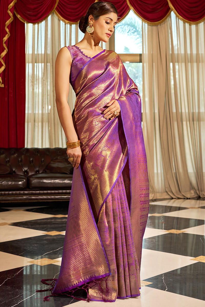 Twirling Purple Kanjivaram Silk Saree With Demure Blouse Piece