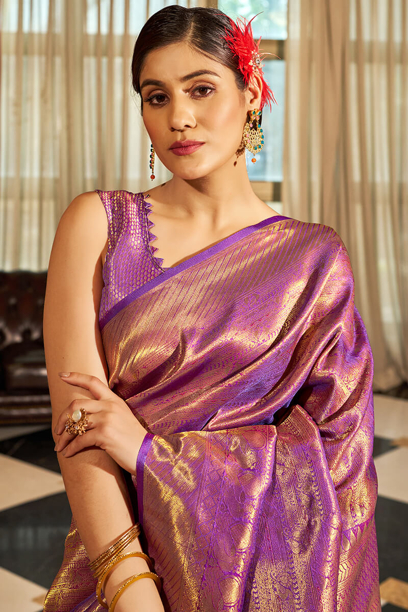 Twirling Purple Kanjivaram Silk Saree With Demure Blouse Piece