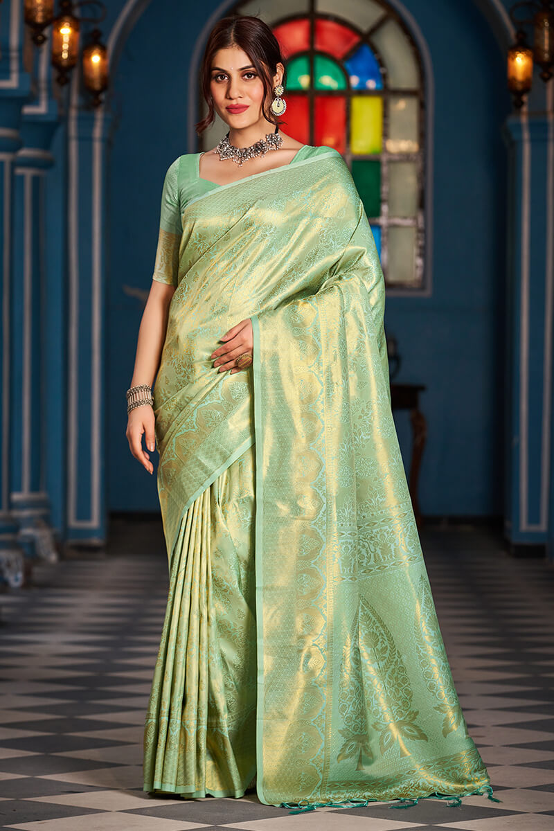 Skinny Pista Kanjivaram Silk Saree With Beautiful Blouse Piece