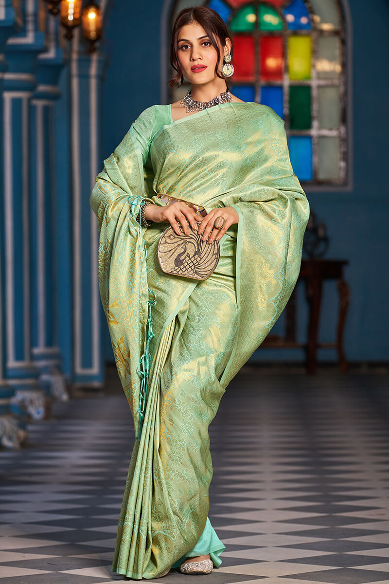 Skinny Pista Kanjivaram Silk Saree With Beautiful Blouse Piece