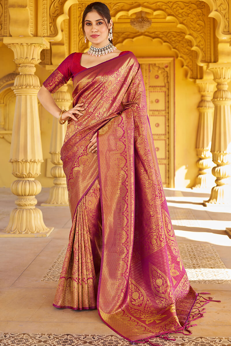 Skinny Purple Kanjivaram Silk Saree With Beautiful Blouse Piece