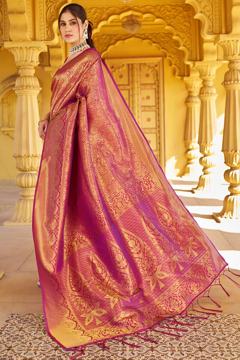 Skinny Purple Kanjivaram Silk Saree With Beautiful Blouse Piece