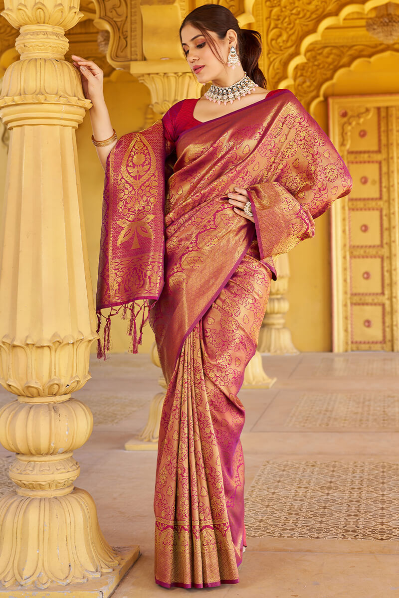 Skinny Purple Kanjivaram Silk Saree With Beautiful Blouse Piece