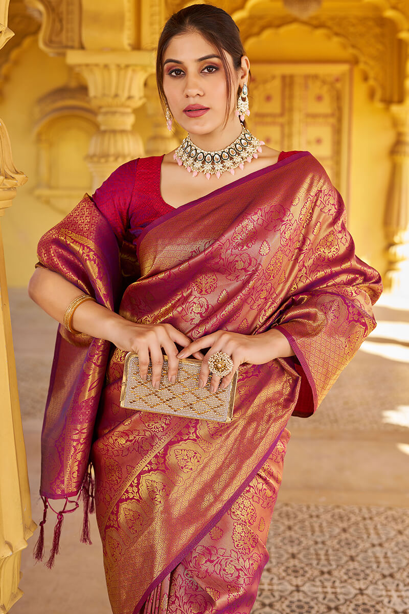 Skinny Purple Kanjivaram Silk Saree With Beautiful Blouse Piece