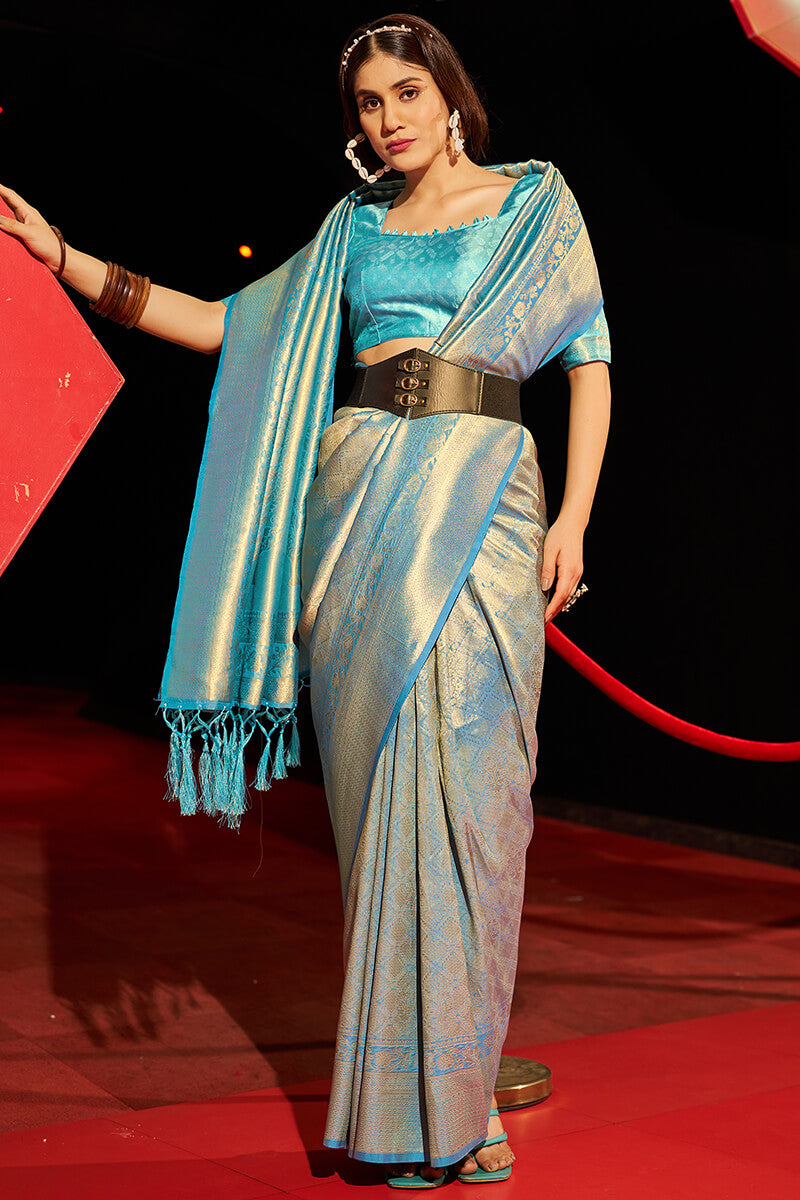Susurrous Firozi Kanjivaram Silk Saree With Captivating Blouse Piece