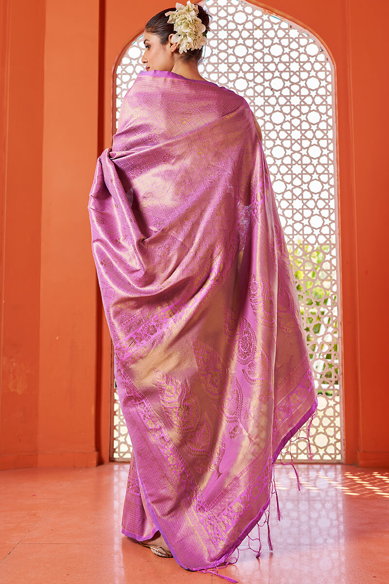 Stunning Pink Kanjivaram Silk Saree With Desirable Blouse Piece