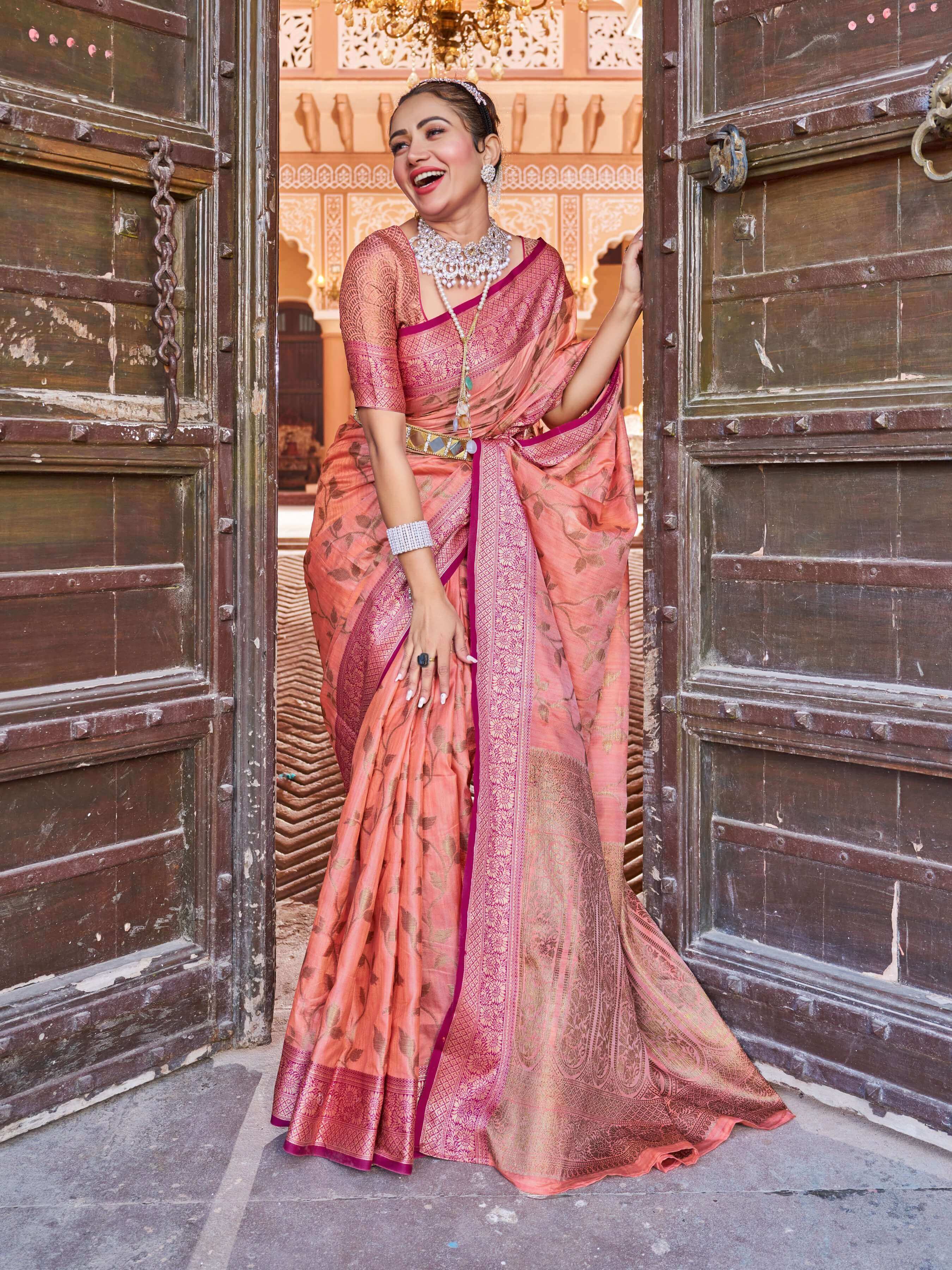 Evanescent Peach Soft Banarasi Silk Saree With Entrancing Blouse Piece