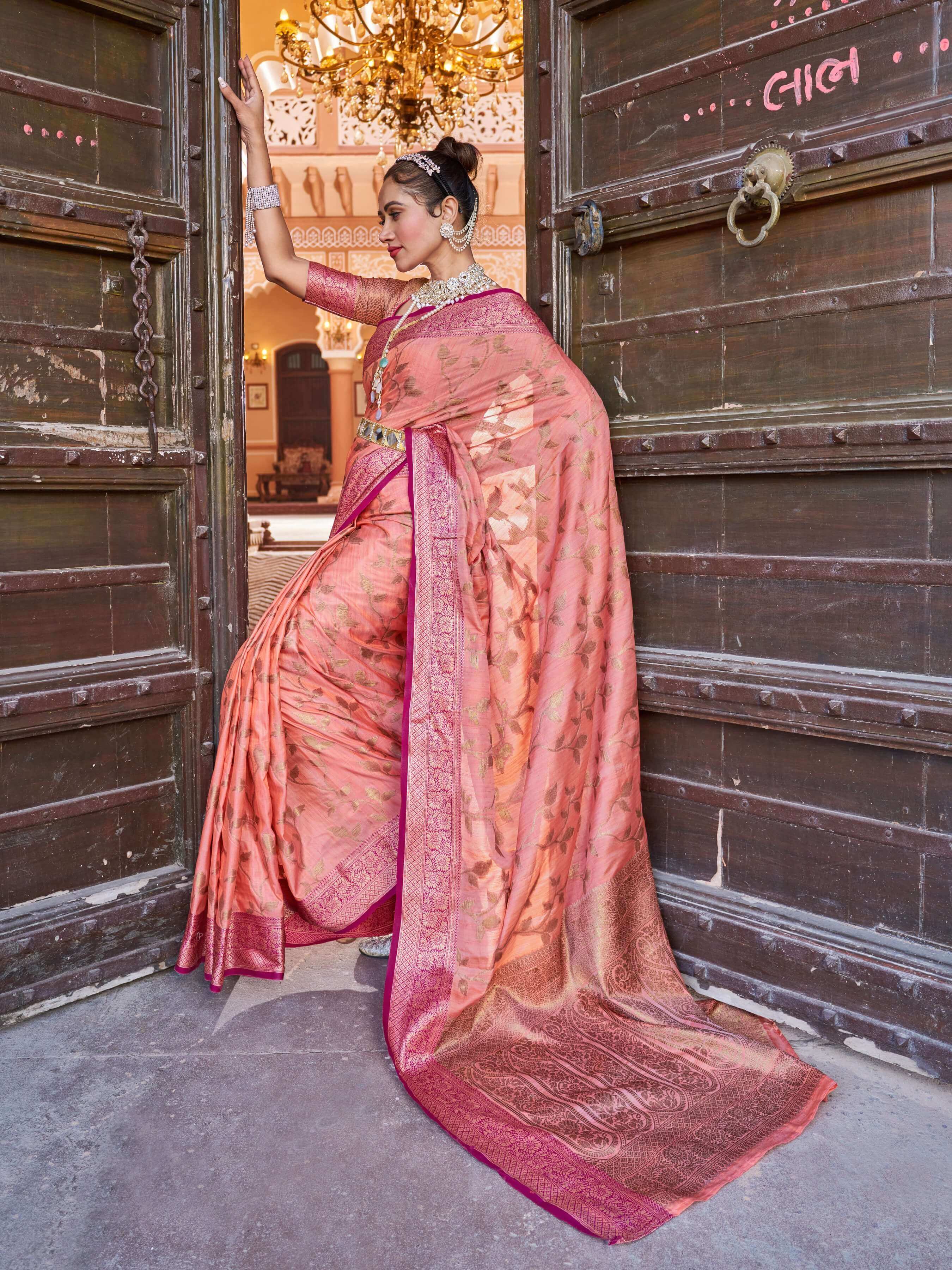 Evanescent Peach Soft Banarasi Silk Saree With Entrancing Blouse Piece