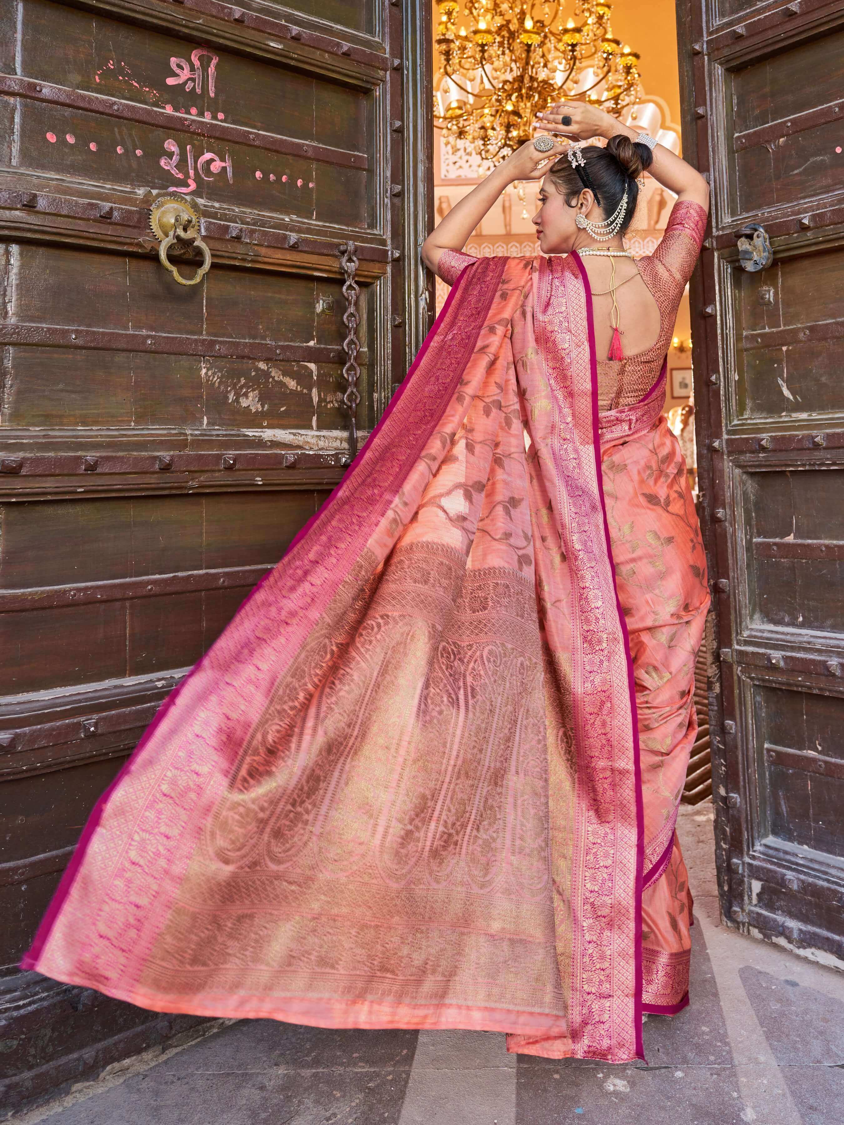 Evanescent Peach Soft Banarasi Silk Saree With Entrancing Blouse Piece