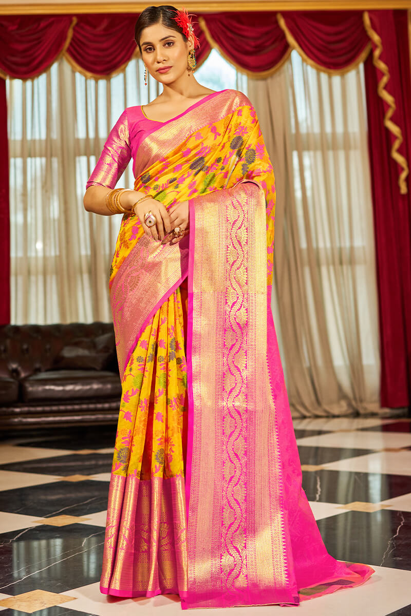 Gossamer Yellow Soft Banarasi Silk Saree With Devastating Blouse Piece