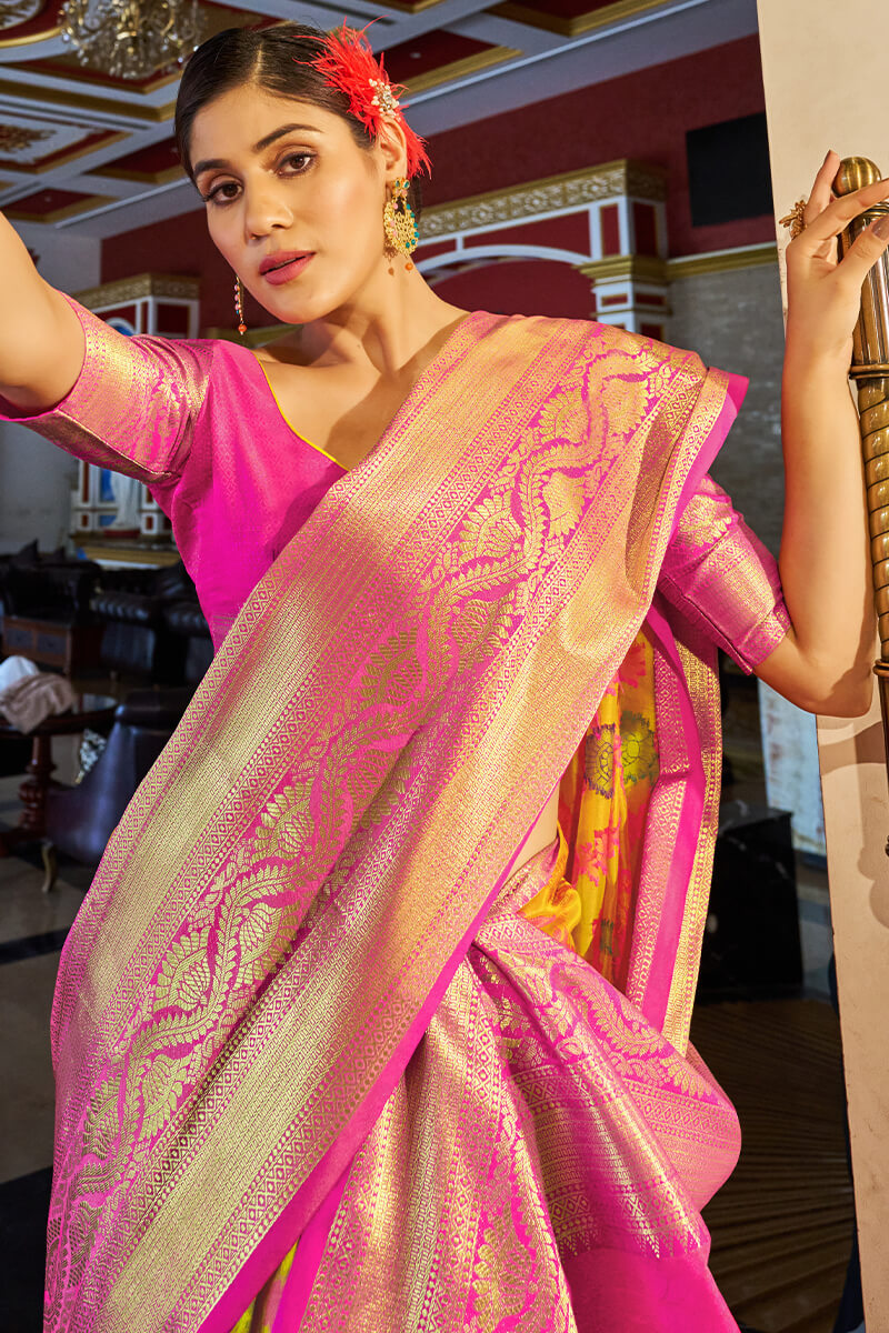 Gossamer Yellow Soft Banarasi Silk Saree With Devastating Blouse Piece